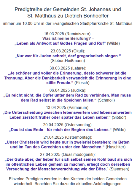Predigtreihe Bonhoeffer Termine in Passau St. Matthäus